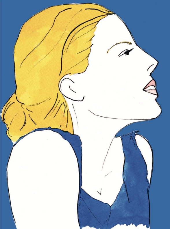 **Alternativ tekst til hjemmesiden:**  </p>
<p>Illustration af en kvinde med opsat, gyldent hår, iført en mørkeblå top, set i profil med et afslappet udtryk. Baggrunden er dyb blå, og stilen er minimalistisk med akvarel-lignende farver og fine sorte konturer. Illustrationen er en del af hudklinikkens logo